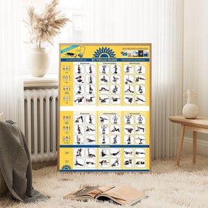 May include: A framed fitness poster with a yellow background and blue accents. The poster features exercise illustrations categorized by beginner, intermediate, and advanced levels. The text "BC Vibrant Health" is displayed at the top. A book is open on the floor in front of the poster.