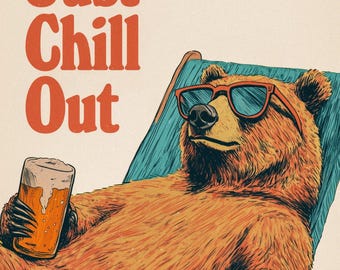 レトロなビールを飲むクマのプリント、面白いチルアウトポスター、ヴィンテージバーアート、クールな動物の壁アート、キャビン装飾ポスター