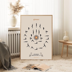 Puede incluir: Un póster enmarcado con fondo beige, que muestra un diagrama circular de posturas de yoga. El diagrama está rodeado por el texto "SURYA NAMASKAR SUN SALUTATION A & B". El póster está en una habitación con tonos neutros y luz natural.