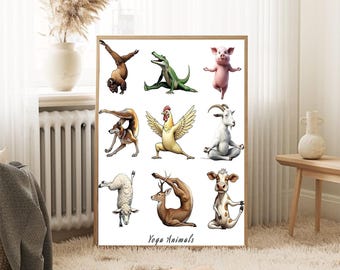 May include: A framed print featuring whimsical illustrations of various animals in yoga poses. The animals include a monkey, alligator, pig, dog, chicken, goat, sheep, deer, and cow. The text "Yoga Animals" is printed at the bottom of the print.