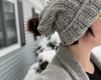 Grey wool hand crocheted winter beanie