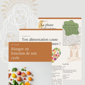 May include: A guide titled "Manger en fonction de son cycle" with a brown background and a graphic of a grocery bag filled with fresh produce. The text "Ton alimentation cause uses!" is visible in the upper right corner of the image.
