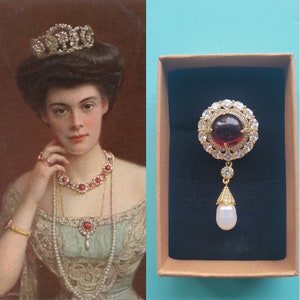 Duchess Cecilie of Mecklenburg-Schwerin,last German Crown Princess & Crown Princess of Prussia,Ruby,Diamond drop pearl brooch,pin,gift,royal