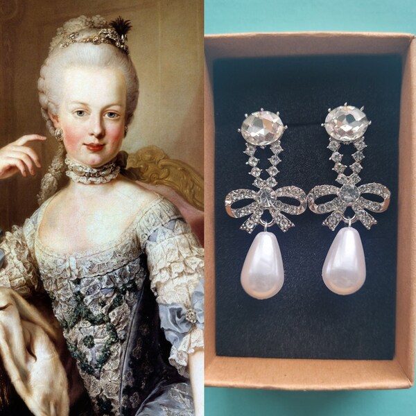 Boucles d'oreilles pendantes parure en perles d'inspiration Marie-antoinette, reine de France, géorgien, régence, tudor, vintage, antique, XVIIIe siècle, cadeau, royal, réplique