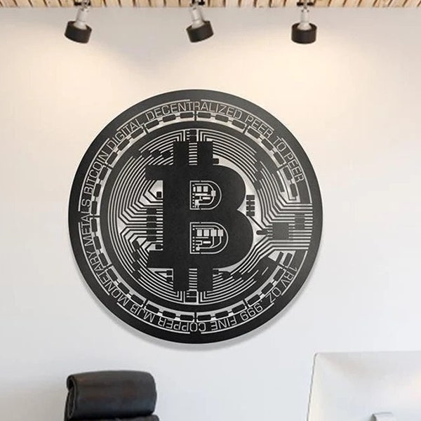 Arte de pared de metal con símbolo de Bitcoin, arte de pared de metal de criptomoneda, decoración de pared de Crytpo, arte de pared de metal BTC, regalo de Bitcoin, arte de Bitcoin