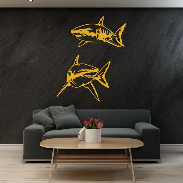 Shark Themed Metal Wall Decor, Housewarming Gift, Metal Wall Hangings, Large wall art, Living Room Wall Art , Set of 2, Above Bed Decor