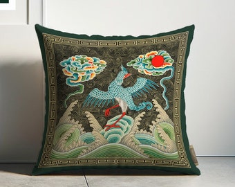 Chinese Bird Pillow Cover, Asian Decor Cushion, Crane Design