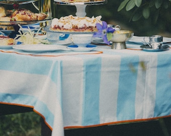 Blue Striped Cotton Tablecloth, Orange Trim, Summer Garden Party
