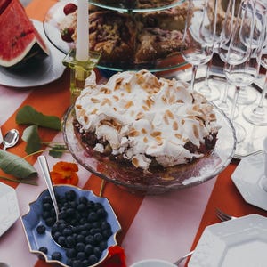 May include: A table laden with treats, including a cake topped with meringue and sliced watermelon. There's a tiered cake stand, blueberries, and champagne glasses. The table is set with a red and white striped tablecloth. The scene suggests a summer gathering.