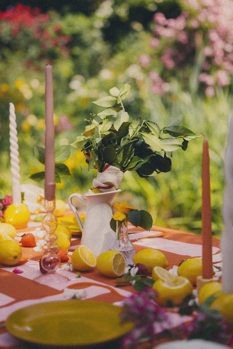 May include: A summery table setting outdoors with a red and white striped tablecloth. The table features lemons, strawberries, candles, a white jug, and a small vase with yellow flowers. The background is a blurred garden scene.