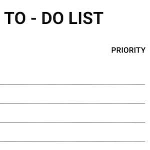 Può includere: Un modello rettangolare bianco di lista di cose da fare con testo e linee nere. L'intestazione recita TO-DO LIST, seguita dalle colonne DATE e PRIORITY. Presenta dieci righe con caselle di controllo e linee, oltre a una sezione per NOTES.