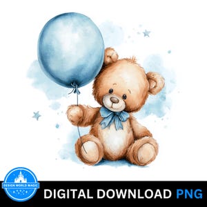 Watercolor Teddy Bear PNG | Cute Baby Boy Shower Clipart | Instant Download Bear Design