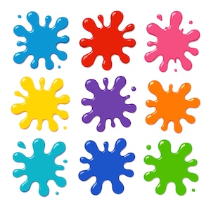 Könnte beinhalten: Eine Sammlung von neun verschiedenen Farbspritzern, die in einem drei-mal-drei-Raster angeordnet sind. Die Farben umfassen Blau, Rot, Pink, Gelb, Lila, Orange, Türkis, Dunkelblau und Grün. Jeder Spritzer hat unregelmäßige Ränder.