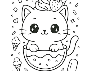Kawaii Dessert Kittens Coloring Pages | 50 Cat Sheets (PDF Download)