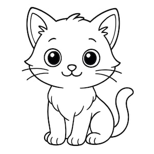 Peut inclure: Une illustration en noir et blanc au trait représentant un chaton assis avec de grands yeux ronds, des oreilles pointues et un petit nez. Le chat présente un contour simple et net, des moustaches visibles et une queue courbée vers le haut.
