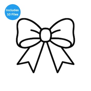Op de afbeelding: Een zwart-witte lijntekening van een strik. De strik is gecentreerd en heeft een klassieke vorm met lussen en staarten. Een blauwe cirkel in de linkerbovenhoek leest "Includes 10 Files".