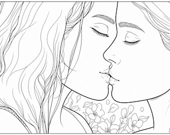 Lesbian Coloring Page, LGBTQ+ Romance Art for Adults | Digital Download