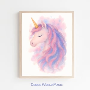 Impresión de unicornio / Decoración de habitación infantil en tonos pastel, Impresión para habitación de niña, Póster de unicornio en acuarela, Arte mágico para dormitorio, Arte imprimible, Descarga digital