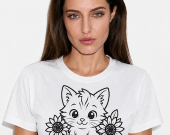 Kitten with Sunflowers SVG | Outline Clipart (Digital Download)