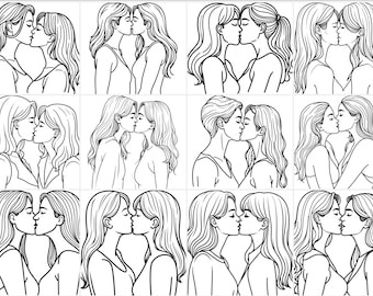 20 Lesbian Kissing Coloring Pages | Sapphic Romance Line Art (PDF Download)
