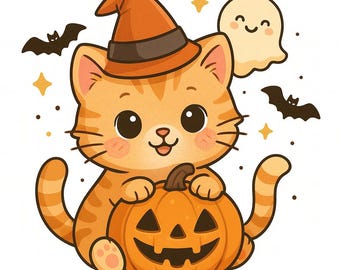 Kawaii Halloween Kitten Sticker, Witch Hat, Pumpkin Art