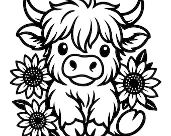 May include: A black and white illustration of a Highland cow with large horns, a fluffy coat, and a smiling face. The cow is surrounded by three sunflowers with detailed petals and dark centers. The image has a clean, cartoon-like style.