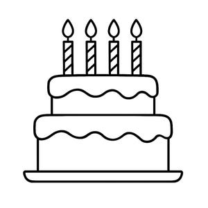 Peut inclure: Illustration d'un gâteau d'anniversaire à deux étages avec quatre bougies allumées. Le gâteau a un glaçage ondulé et repose sur une assiette. L'image est un simple dessin au trait noir et blanc.