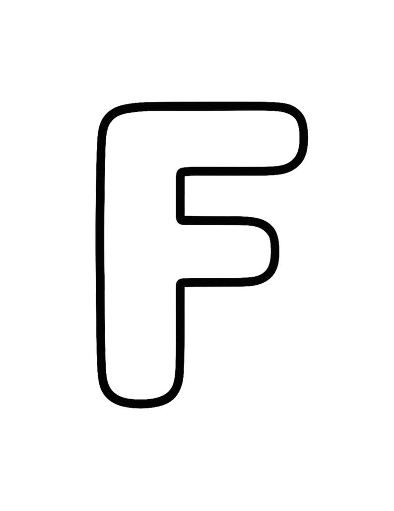 May include: A bold, black-outlined capital letter F with a white interior. The letter features rounded corners and a thick, uniform stroke width, creating a simple, clean, and graphic shape centered against a plain white background.