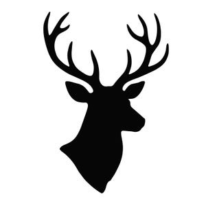 May include: A black silhouette of a deer head with large antlers. The deer is facing to the right, with its head and antlers prominently displayed against a white background. The antlers have multiple points.