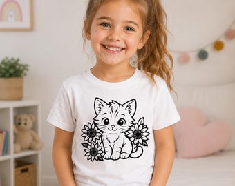 Kitten with Sunflowers SVG | Outline Clipart (Digital Download)