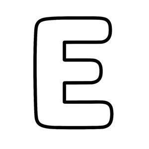 May include: A bold, black-outlined capital letter E with a white interior. The letter features rounded corners and a thick, uniform stroke width, creating a simple, clear, and graphic representation of the fifth letter of the alphabet.