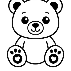 Könnte beinhalten: Schwarz-weiße Cartoon-Illustration eines Teddybären. Der Bär hat große, runde Augen, kleine Ohren und einen lächelnden Mund. Seine Pfoten weisen herzförmige Details auf, wodurch ein niedliches und freundliches Design entsteht.
