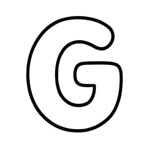 May include: A bold, black outline of the uppercase letter G. The letter features a rounded, bubble-like typeface with a thick stroke and a hollow center, presented against a plain white background. The design is simple, clean, and symmetrical.