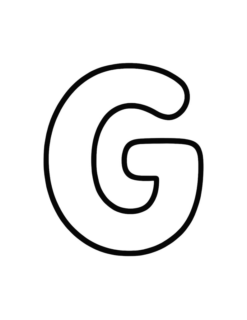 May include: A bold, black outline of the uppercase letter G. The letter features a rounded, bubble-like typeface with a thick stroke and a hollow center, presented against a plain white background. The design is simple, clean, and symmetrical.