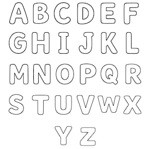 May include: Black and white alphabet letters A through Z, each with a rounded, bubble-like design. The letters are evenly spaced and arranged in rows on a white background. The image is suitable for educational materials or crafts.