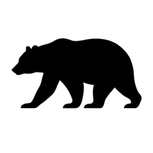 May include: A black silhouette of a bear walking to the left. The bear is depicted in a side profile, with its head and body clearly outlined against a white background. The bear's legs are visible, showing its stride.