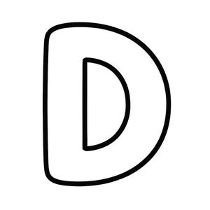 May include: A bold, uppercase letter D rendered in a clean, black outline style. The character features a rounded right side and a straight vertical left side, creating a simple, hollow shape with a white interior against a plain background.