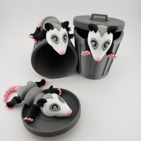 Articulated Possum and Trash Can - 3D Printed Fidget Fantasy Creature - Authorized Seller - Jointed Toy Animal Decor