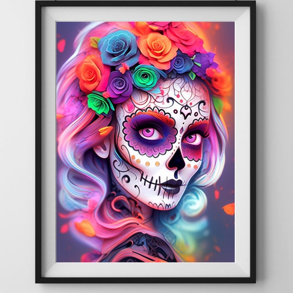 Vibrant Eternity: Sugar Skull Woman Day of the Dead Art Print