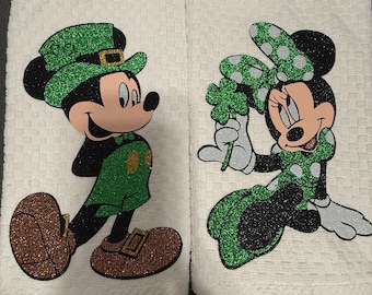 St. Patrick's Day Mickey and Minnie Mouse Kitchen Towel, Glitter Shamrock Hand Towels
