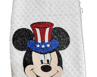 Mickey Mouse Kitchen Towel– Red, White & Blue Glitter Hand Towels – USA Holiday Decor