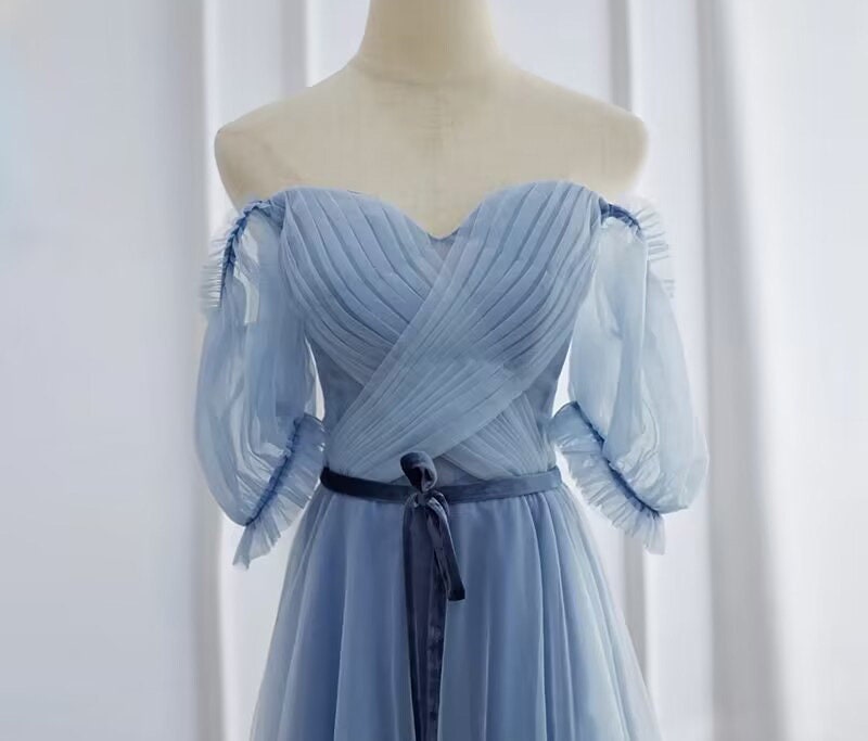 Blue V Neck Tulle Floor Length Bridesmaid Dressspaghetti - Etsy