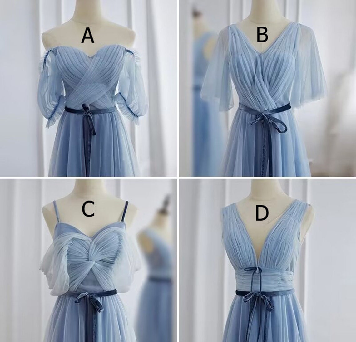 Blue V Neck Tulle Floor Length Bridesmaid Dressspaghetti - Etsy
