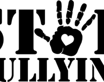 May include: Black and white graphic with the text "STOP BULLYING" and a handprint with a heart in the center.