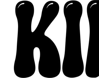 May include: Black and white image with the text "BE KIND." in a retro, bubble-like font.