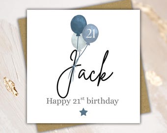 Personalised 21st Birthday card - Blue balloon design - Cards for Boys - Son - Grandson - Nephew