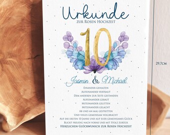 10. Hochzeitstag Geschenk Urkunde personalisierbar Rosenhochzeit | 10. Ehe Jubiläum Rosen Hochzeit Karte Glückwunschkarte Geschenkurkunde