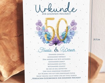 50. Hochzeitstag Geschenk Urkunde personalisierbar Goldene Hochzeit | 50. Ehe Jubiläum Goldhochzeit Karte Glückwunschkarte Geschenkurkunde