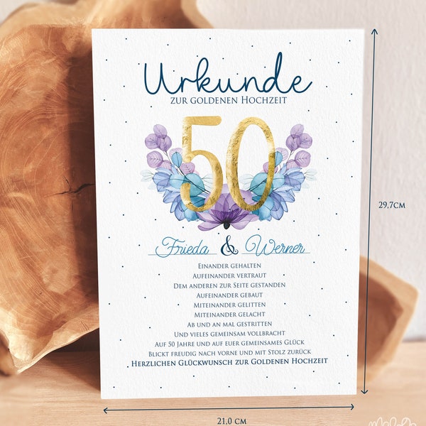 50. Hochzeitstag Geschenk Urkunde personalisierbar Goldene Hochzeit | 50. Ehe Jubiläum Goldhochzeit Karte Glückwunschkarte Geschenkurkunde