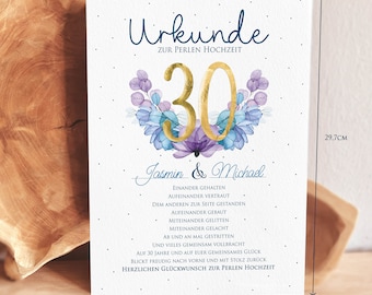 30. Hochzeitstag Geschenk Urkunde personalisierbar Perlen Hochzeit Ehe Jubiläum Perlenhochzeit Karte Glückwunsch Geschenkurkunde Gratulation